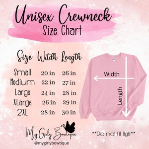 K&ouml;nnte beinhalten: Gr&ouml;&szlig;entabelle f&uuml;r Unisex-Sweatshirt mit Rundhalsausschnitt mit Ma&szlig;en in Zoll. Die Tabelle zeigt die Breite und L&auml;nge des Sweatshirts in den Gr&ouml;&szlig;en S, M, L, XL und 2XL. Der Text "Do not fit tight" ist ebenfalls enthalten.