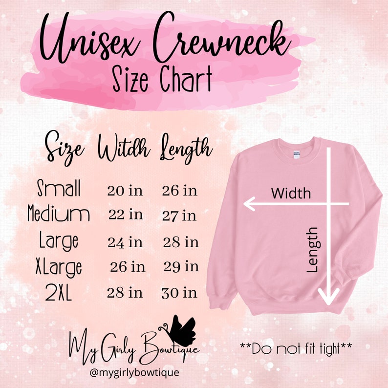 K&ouml;nnte beinhalten: Gr&ouml;&szlig;entabelle f&uuml;r Unisex-Sweatshirt mit Rundhalsausschnitt mit Ma&szlig;en in Zoll. Die Tabelle zeigt die Breite und L&auml;nge des Sweatshirts in den Gr&ouml;&szlig;en S, M, L, XL und 2XL. Der Text "Do not fit tight" ist ebenfalls enthalten.