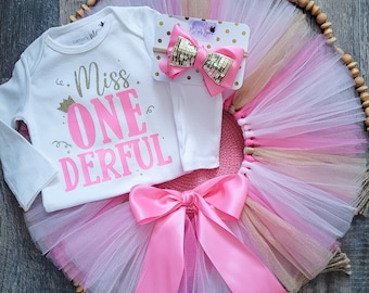 Miss Onederful Girl First Birthday Tutu Outfit Baby Girl 1st Birthday Cake Smash Pink Gold Tutu Outfit Miss One Derful First Birthday Outfit