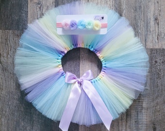 Pastel Rainbow Tutu Skirt Headband Rainbow Tulle Baby Girl First Tutu Skirt Easter Tutu Outfit Baby Girl Birthday Cake Smash Photoshoot Tutu