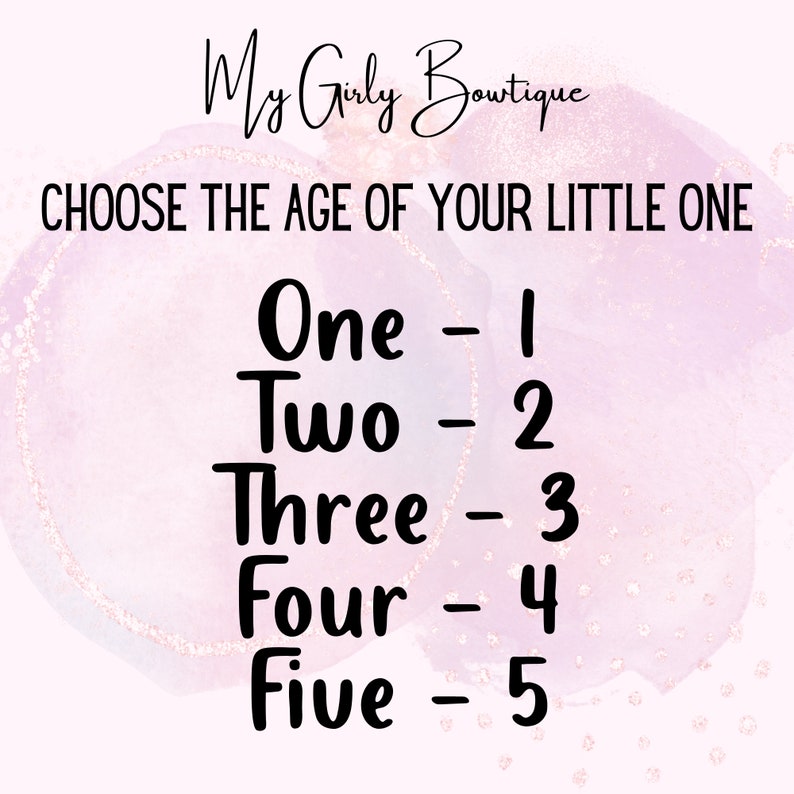 May include: A pink and white watercolor background with black text that reads "My Girly Boutique" and "Choose the age of your little one."  The text also lists the numbers one through five with their corresponding numerical values.