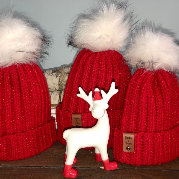 Christmas Hat, White Pom Pom Hat, Sparkly Red Hat, Crochet Holiday Hat, Red and White, Handmade, Christmas Festive Hat