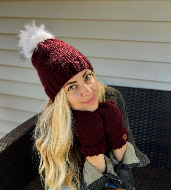 Cozy Burgundy Smiley Face Pom Pom Knit Beanie Haakwear Traditional Pom Pom Beanie, Multi Color Knit Winter  main image 3