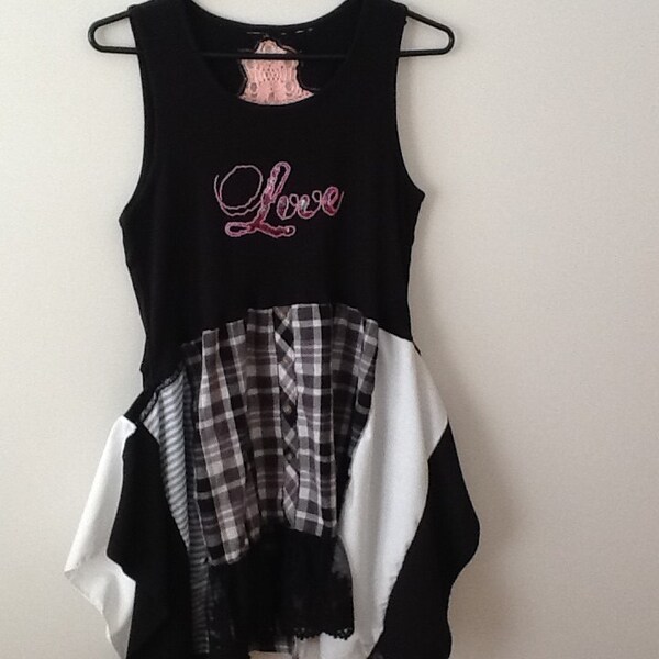 Upcycled Clothing Refashioned Romantic Grunge Goth Shabby Boho Repurposed Plaid Lagenlook Tank Top Tunic. Women's Size Medium to Large.