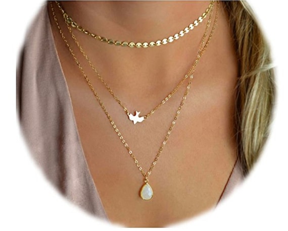 Download Dainty Bird Stone Layered Necklace Set Of 3 Small Bird Etsy