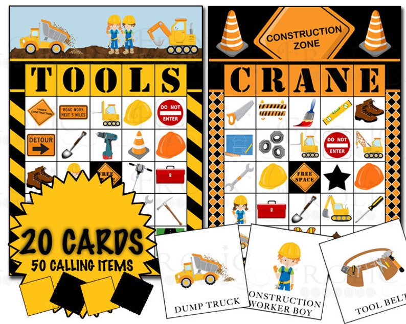 Construction bingo 20 printable cards INSTANT DOWNLOAD | Etsy