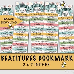 May include: Set of five colorful bookmarks with the text "The Beatitudes Blessed Are" and a list of the Beatitudes. Each bookmark features a bee illustration and measures 2 x 7 inches.