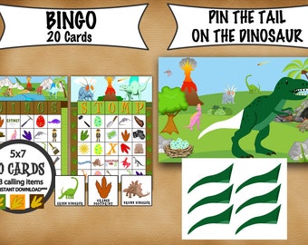 Dinosaur Bingo 20 Cards, Pin the Tail on the Dinosaur, Dinosaur Party Games INSTANT DOWNLOAD