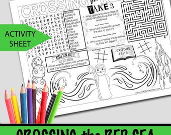 May include: A black and white printable activity sheet for kids featuring a maze, word search, and a Bible fun fact about Moses crossing the Red Sea. The sheet includes the text "Crossing the Red Sea" and "Take 3" with three questions about the story. The sheet also includes the text "Exodus 13-15".