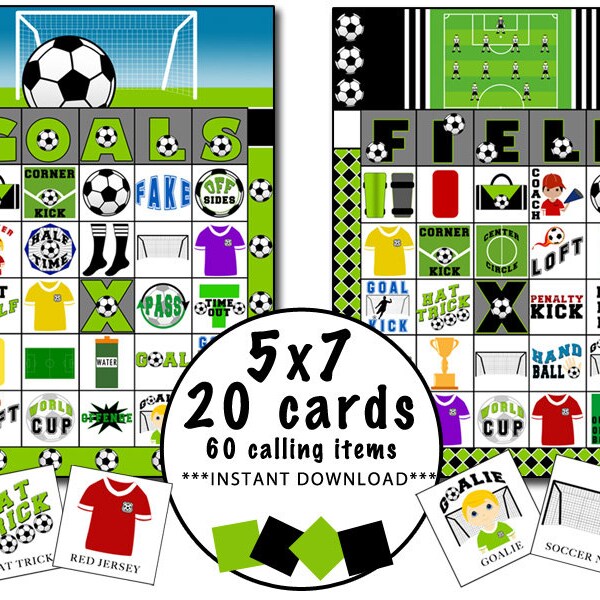 Soccer Bingo 20 Cards, Soccer Party Games, Soccer Birthday Games INSTANT DOWNLOAD