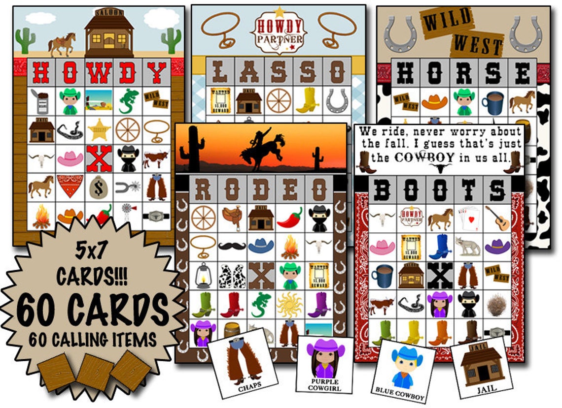 Cowboy Bingo 60 Printable Bingo Cards INSTANT DOWNLOAD Etsy
