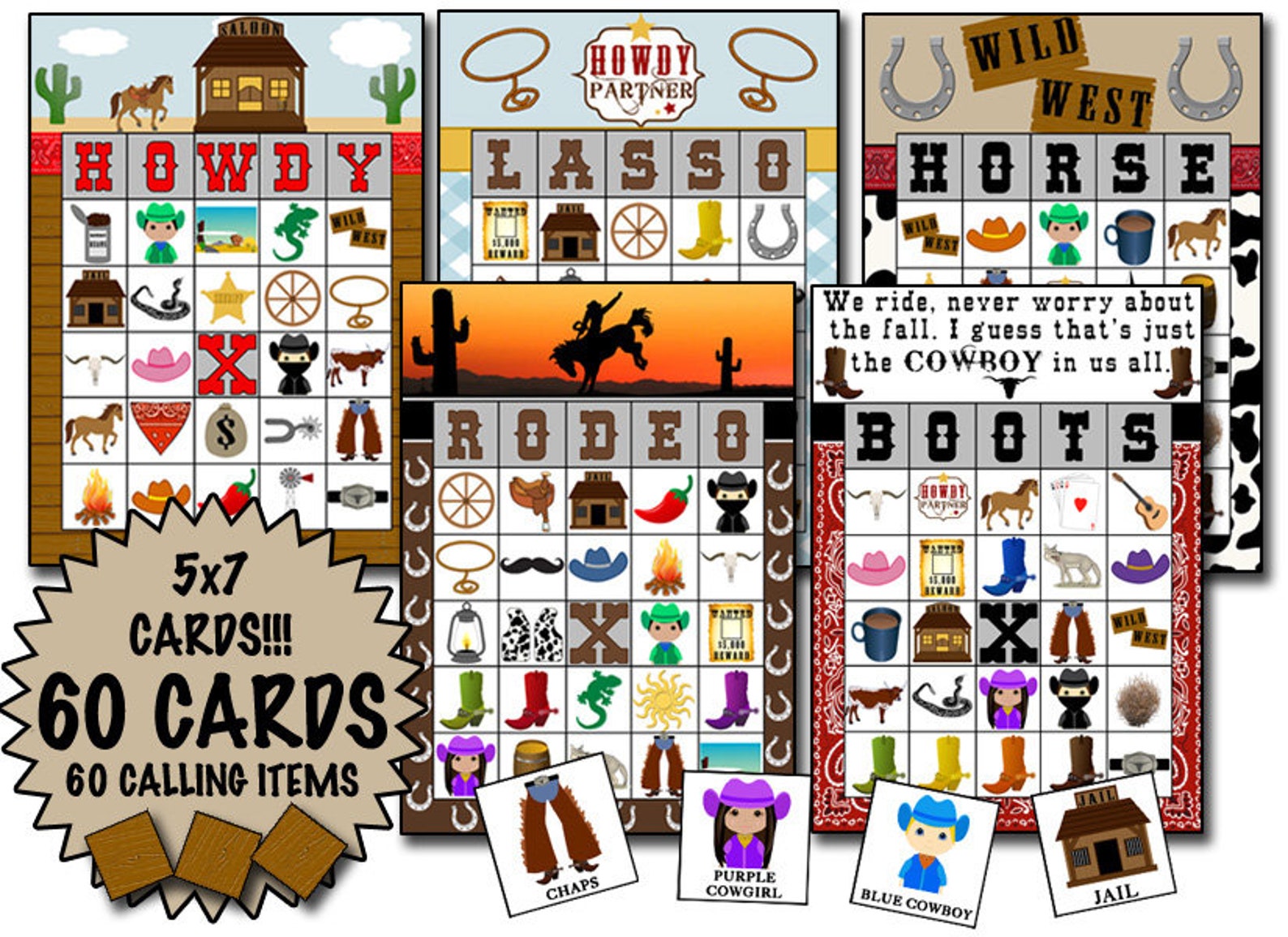 Cowboy Bingo 60 Printable Bingo Cards INSTANT DOWNLOAD | Etsy