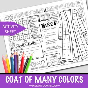 Puede incluir: Una hoja de actividades en blanco y negro titulada "Joseph's Coat of Many Colors" con un contorno de abrigo, un juego de palabras y preguntas. Lápices de colores están colocados en la parte inferior izquierda. El texto "Descarga instantánea" está incluido.