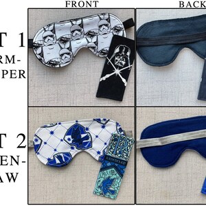 May include: Two sets of sleep masks and rectangular fabric covers. Set 1 features a white Stormtrooper print mask and a black Darth Vader cover. Set 2 features a white Ravenclaw crest mask and a blue Ravenclaw themed cover with the letter R.