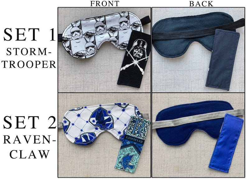 May include: Two sets of sleep masks and rectangular fabric covers. Set 1 features a white Stormtrooper print mask and a black Darth Vader cover. Set 2 features a white Ravenclaw crest mask and a blue Ravenclaw themed cover with the letter R.