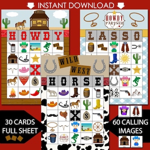 Cowboy Bingo Game: 30 Printable Western Party Cards (Instant Download)