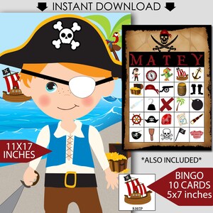 Könnte beinhalten: Ein digitales Piraten-Party-Spielset. Das Bild zeigt einen Cartoon-Piraten mit Augenklappe, Piratenhut und Schwert. Enthält ein Bingospiel mit dem Wort "MATEY" und 10 Bingokarten, jeweils 12,7 x 17,8 cm.