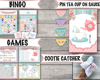 Tea Party Bingo, Pin the Tea Cup on the Saucer, Tea Party Games, Tea Party Cootie Catcher INSTANT DOWNLOAD