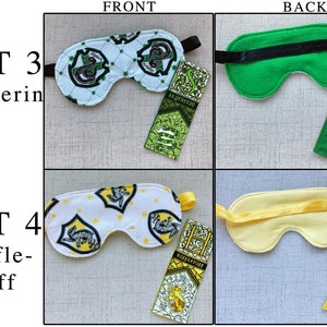May include: Two sets of sleep masks and rectangular fabric pouches. Set 3 features a white Slytherin print with green snakes, a black elastic strap, and a green back. Set 4 features a white Hufflepuff print with yellow badgers, a yellow elastic strap, and a yellow back.