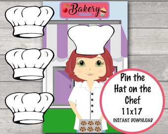 Pin the Hat on the Chef, Baking Party Games, Baking Birthday Party INSTANT DOWNLOAD