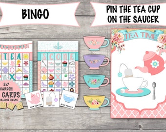 Tea Party Bingo 20 Cards, Pin the Tea Cup on the Saucer INSTANT DOWNLOAD