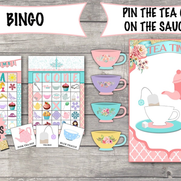 Tea Party Bingo 20 Cards, Pin the Tea Cup on the Saucer INSTANT DOWNLOAD