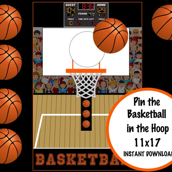 Pin the Basketball in the Hoop, Basketball Party Games, Basketball Birthday Party INSTANT DOWNLOAD