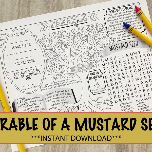 Parable of a Mustard Seed Activity Sheet, Worship notes for kids, Worship Activities for Kids, Bible Activity INSTANT DOWNLOAD