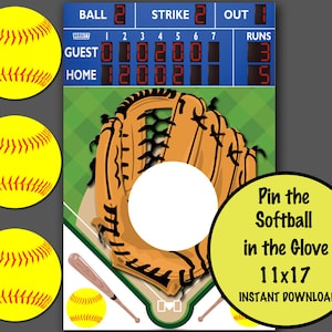 Pin the Softball in the Glove, Softball Games, Softball Birthday Party INSTANT DOWNLOAD