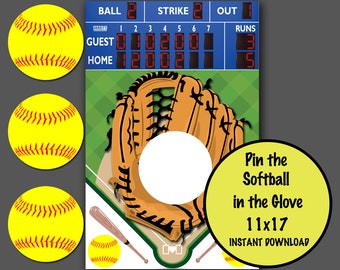 Pin the Softball in the Glove, Softball Games, Softball Birthday Party INSTANT DOWNLOAD