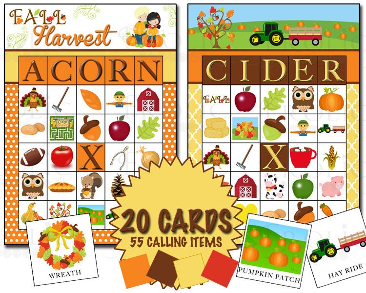 Fall Harvest Bingo 20 Printable Cards INSTANT DOWNLOAD Etsy