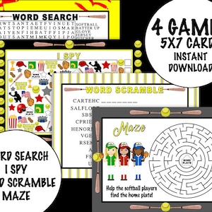 Softball Puzzles, Softball Word Search, Softball I Spy, Softball Activities INSTANT DOWNLOAD