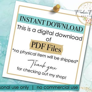 Pode incluir: Um cart&atilde;o branco com moldura dourada e fundo azul. O cart&atilde;o diz "INSTANT DOWNLOAD This is a digital download of PDF Files *no physical item will be shipped* Thank you for checking out my shop! personal use only | no commercial use"
