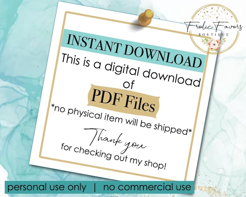 Pode incluir: Um cart&atilde;o branco com moldura dourada e fundo azul. O cart&atilde;o diz "INSTANT DOWNLOAD This is a digital download of PDF Files *no physical item will be shipped* Thank you for checking out my shop! personal use only | no commercial use"
