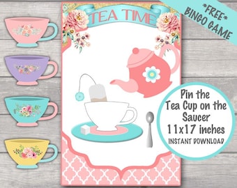 Pin the Tea Cup Game: Tea Party Bingo, Tea Party Birthday, Instant Download (PDF)