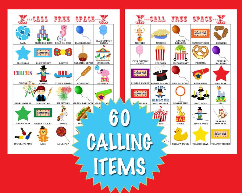 Circus Carnival Bingo 50 Cards INSTANT DOWNLOAD Etsy