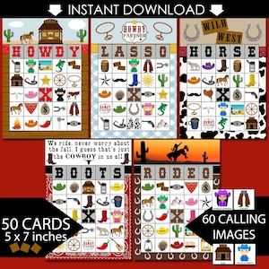 Cowboy Bingo Game: Western Birthday Party, 50 Cards (Instant Download)