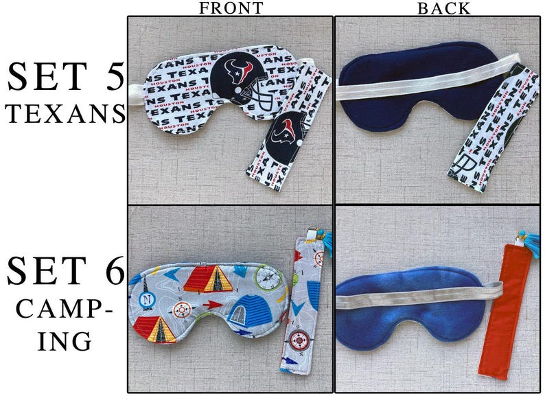May include: Two sets of sleep masks and matching bookmarks. Set 5 features a white fabric with Houston Texans logos and text. Set 6 features a gray fabric with colorful camping gear illustrations, including tents and compasses, with a solid orange bookmark.
