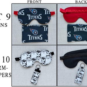 May include: Set 9 Titans features a black sleep mask and rectangular pouch with the Tennessee Titans logo. Set 10 Stormtroopers includes a black and white sleep mask and a keychain pouch with a repeating Stormtrooper helmet graphic print.
