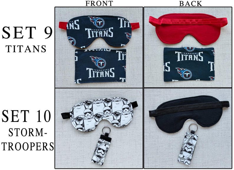 May include: Set 9 Titans features a black sleep mask and rectangular pouch with the Tennessee Titans logo. Set 10 Stormtroopers includes a black and white sleep mask and a keychain pouch with a repeating Stormtrooper helmet graphic print.