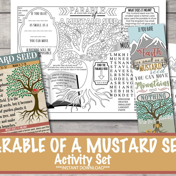 Parable of a Mustard Seed Activity Sheet, Mustard Seed Bookmark, Worship Activities for Kids, Bible Activity INSTANT DOWNLOAD