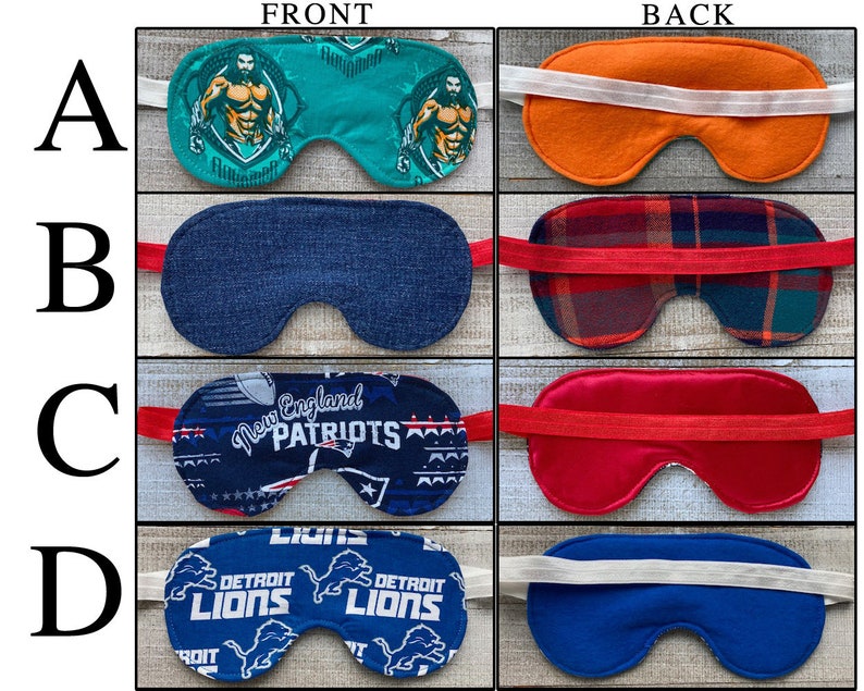 May include: Four sleep masks labeled A through D, each showing front and back views. A features Aquaman graphics, B has a blue denim-like front and plaid back, C displays New England Patriots branding with a red back, and D shows Detroit Lions logos.