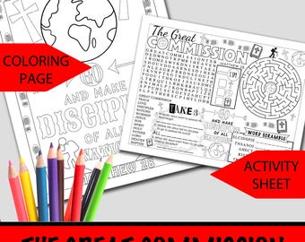 The Great Commission Activity Sheet, Great Commission Worksheet, Bible Study Guide, VBS Activity INSTANT DOWNLOAD