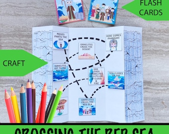 May include: A printable craft activity for kids featuring a colorful map of the story of Moses parting the Red Sea. The map includes illustrations of Moses, the Israelites, Pharaoh, and the Red Sea. The text on the map includes "Moses Parts the Sea", "Israelites Cross the Desert", "Here Comes Pharaoh", "Israelites Get to the Red Sea", "God Leads Israelites as a Pillar of Cloud & Fire", "Sea Closes on the Egyptians", and "Israelites Cross the Red Sea". The text "Crossing the Red Sea" and "Instant Download" is also included on the map.