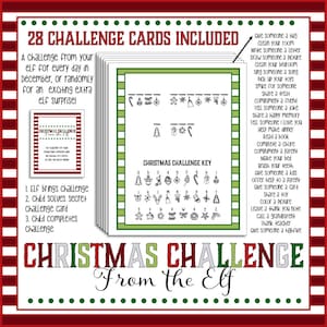 Op de afbeelding: Een stapel Christmas Challenge-kaarten met een groene rand en een rood-wit gestreepte rand. De kaarten bevatten een sleutel en uitdagingen zoals 'iemand een knuffel geven' en 'een traktatie delen'. De tekst 'Christmas Challenge From the Elf' staat onderaan.