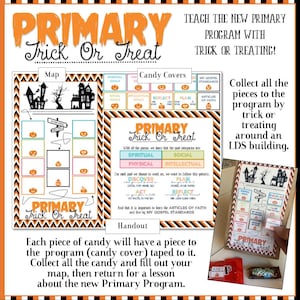 Peut inclure: Une affiche sur le thème d'Halloween avec le texte "PRIMARY Trick Or Treat". L'affiche comprend une carte, des couvertures de bonbons et des instructions pour un programme. Le design présente des couleurs orange, noir et blanc avec des illustrations de citrouilles et de maisons hantées.