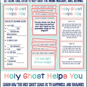 May include: A printable recipe card with a light blue background and red and white stripes. The card features a recipe for chocolate brownies and includes a quote about the Holy Ghost. The text "Holy Ghost Helps You" is repeated throughout the card. The card also includes Bible verses about the Holy Ghost.