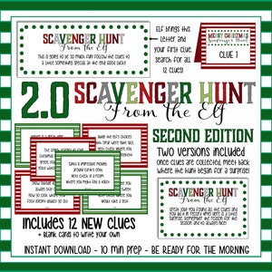 May include: A festive Christmas-themed scavenger hunt kit, titled "Scavenger Hunt From the Elf 2.0 Second Edition." The design features green and red text, with multiple clues and instructions. Includes 12 new clues and blank cards. Instant download.