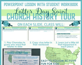 Latter Day Saint Church History Tour PowerPoint and Workbook with Charades - Primary Activity, Family Home Evening, Church History Lesson