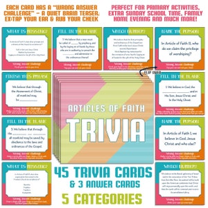 45 tarjetas de trivia de artículos de fe con rompecabezas de respuesta incorrecta: actividad primaria, noche de hogar familiar, bolsa sacramental
